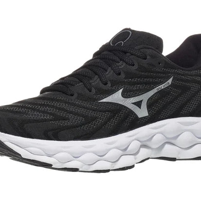 Mizuno Wave Sky 8 women's running shoe in Black/Silver, lateral view