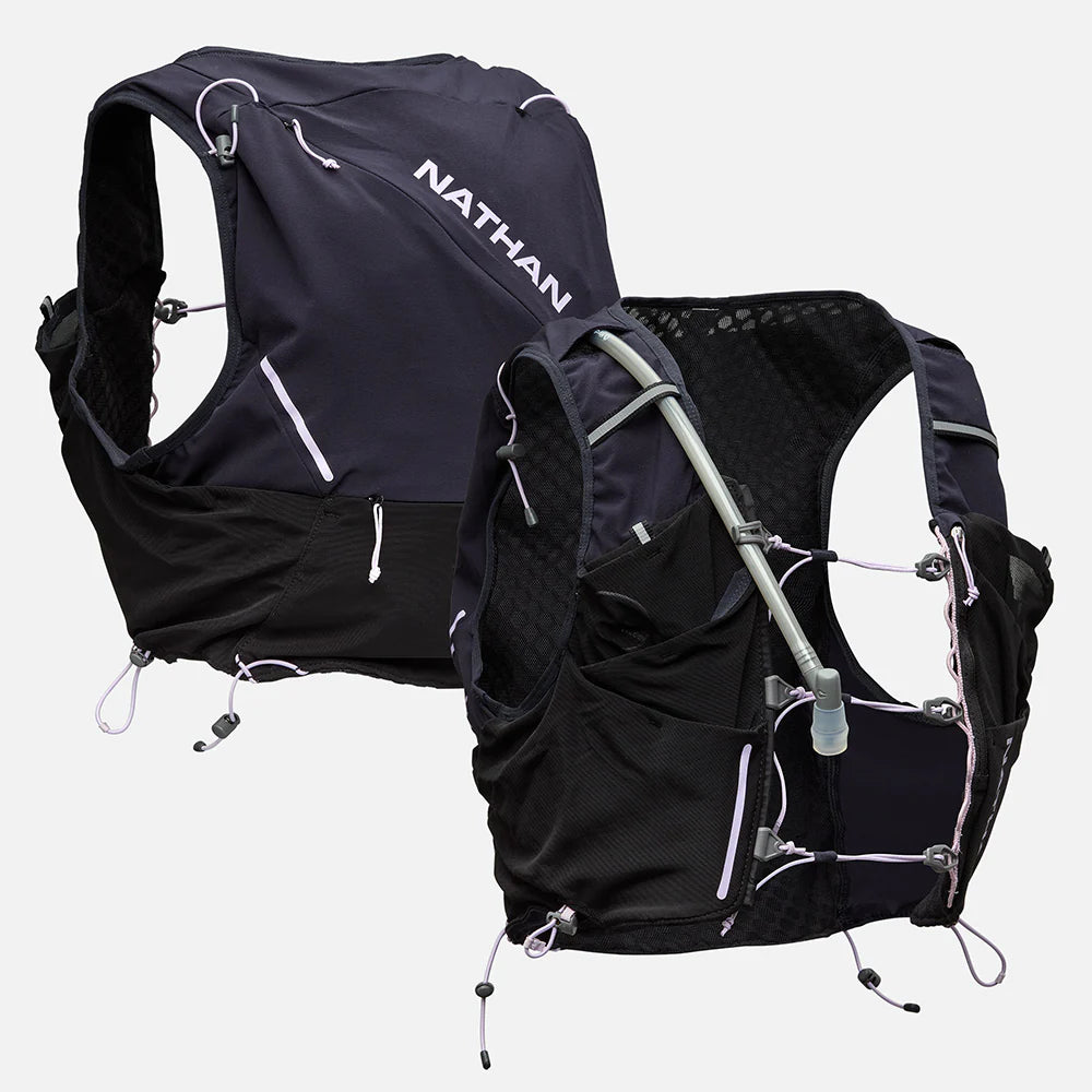 Women's Nathan Pinnacle Pro 12 Liter Hydration Vest. Black. Front and back view.