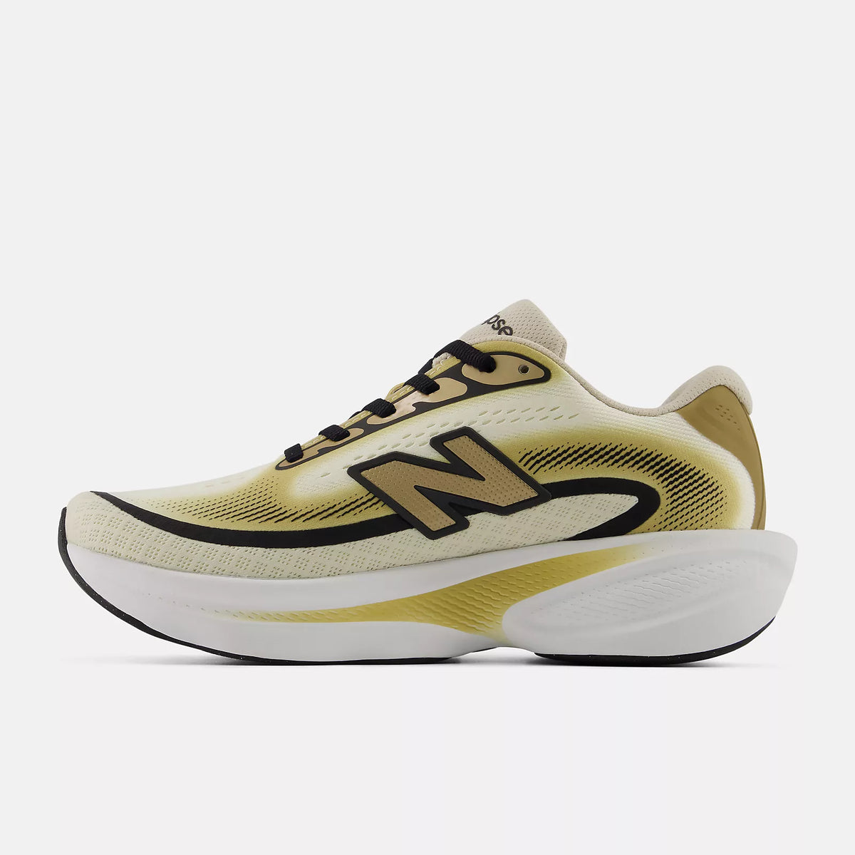 Women's New Balance Ellipse. Black, gold, and white upper. White and gold midsole. Medial view.