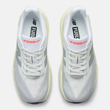 Women's New Balance FuelCell Rebel v5. Grey upper. Off White midsole. Top view.
