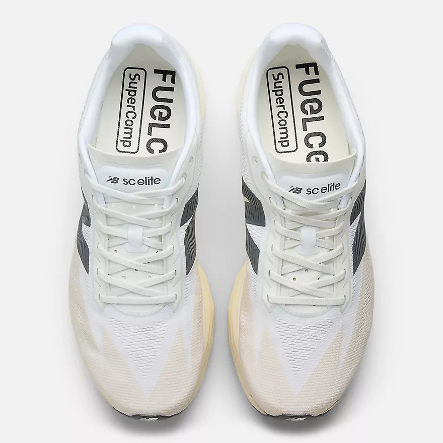 Women's New Balance FuelCell SuperComp Elite v5. White upper. Cream midsole. Top view.