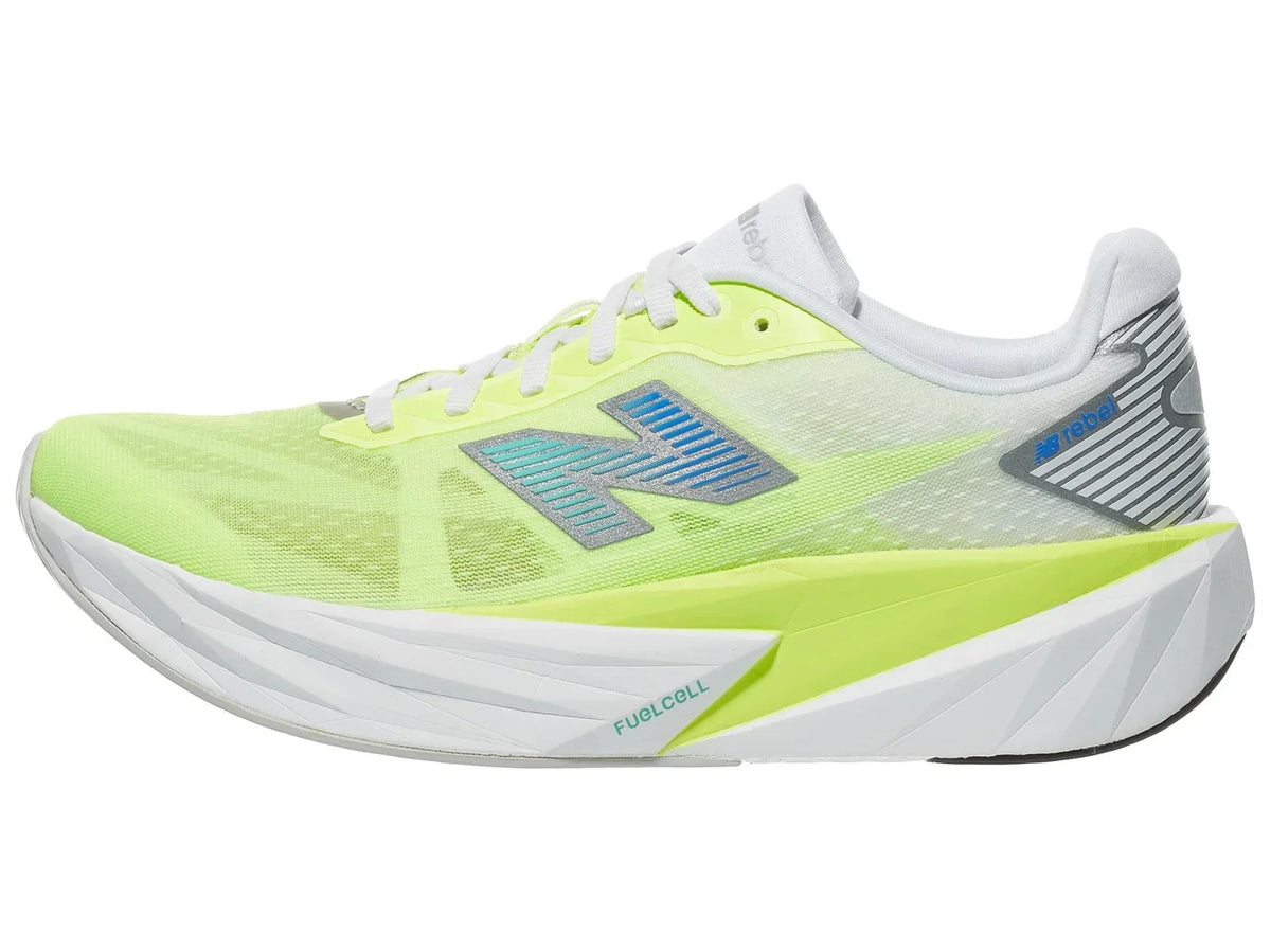 Women's New Balance Rebel v5. Neon yellow upper. White and neon yellow midsole. Lateral view.