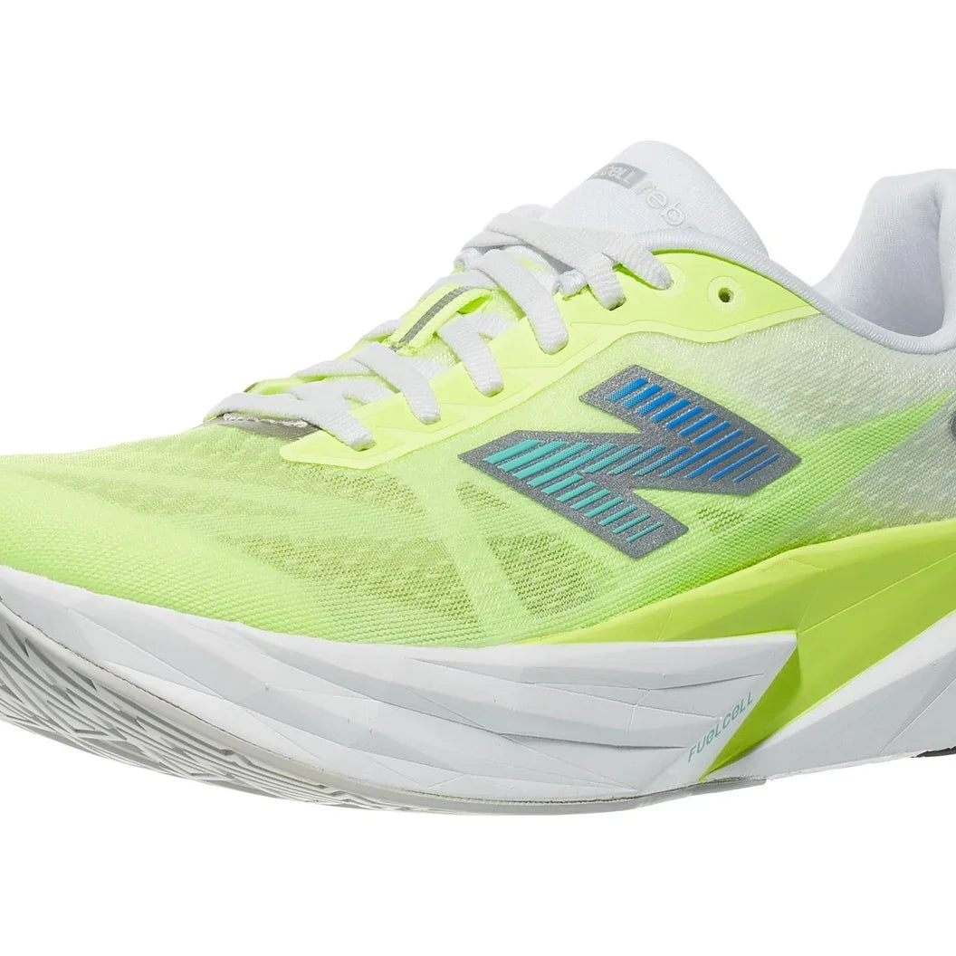 Women's New Balance Rebel v5. Neon yellow upper. White and neon yellow midsole. Lateral view.