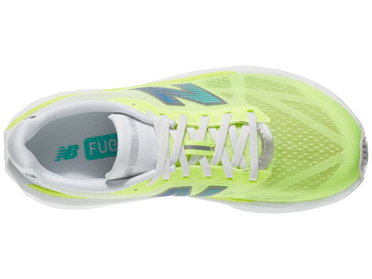 Women's New Balance Rebel v5. Neon yellow upper. White and neon yellow midsole. Top view.
