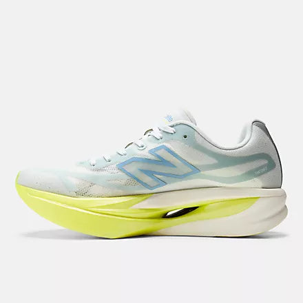 Women's New Balance SuperComp Elite v6. White upper. Yellow midsole. Medial view.