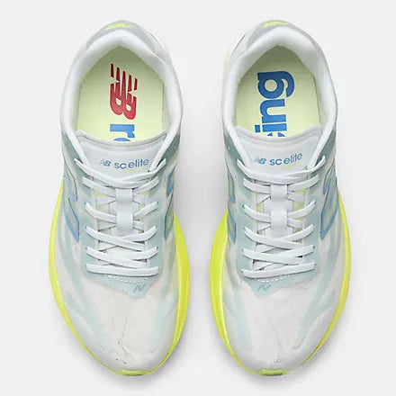 Women's New Balance SuperComp Elite v6. White upper. Yellow midsole. Top view.