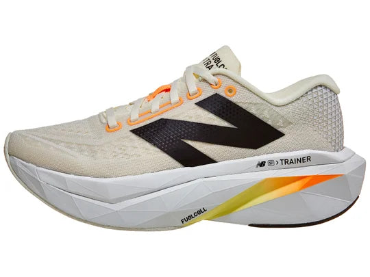 Women's New Balance FuelCell SuperComp Trainer v3. Angora/Hot Mango/Black. Lateral view.