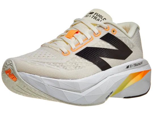 Women's New Balance FuelCell SuperComp Trainer v3. Angora/Hot Mango/Black. Lateral view.