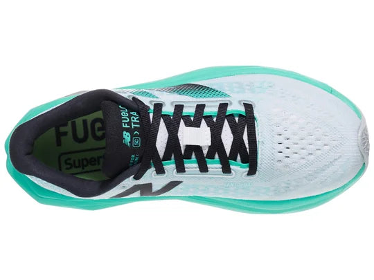 Women's New Balance FuelCell SuperComp Trainer v3. White/Cyber Jade/Silver Metallic/Deep Sea. Top view.
