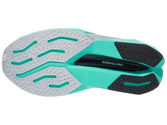 Women's New Balance FuelCell SuperComp Trainer v3. White/Cyber Jade/Silver Metallic/Deep Sea. Outsole view.