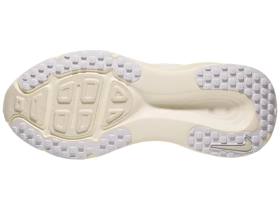 Women's Nike Vomero 18. White upper. White midsole. Bottom view.