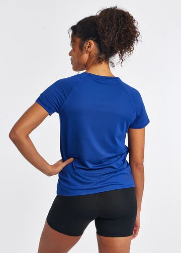 Women's Oiselle Essential Bird V-Neck Short Sleeve in Deep Blue, rear view.