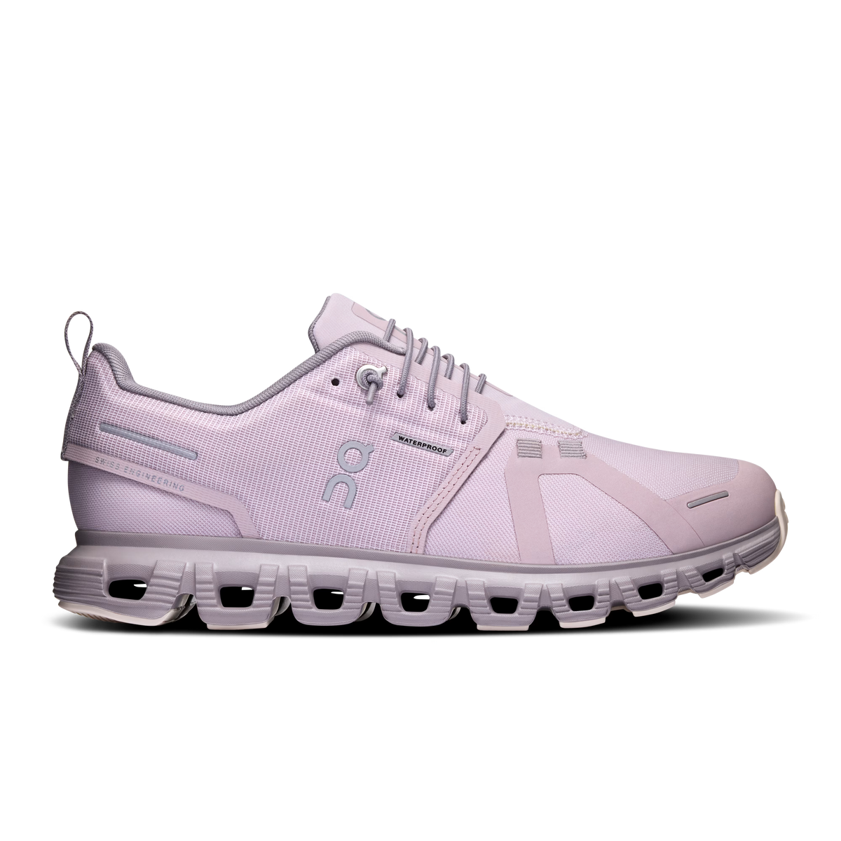 Women's On Cloud 6 Waterproof. Light purple upper. Light purple midsole. Lateral view.