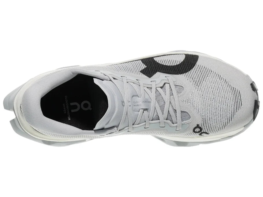 Women's On Cloudmonster Hyper. Light Grey upper. White midsole. Top view.