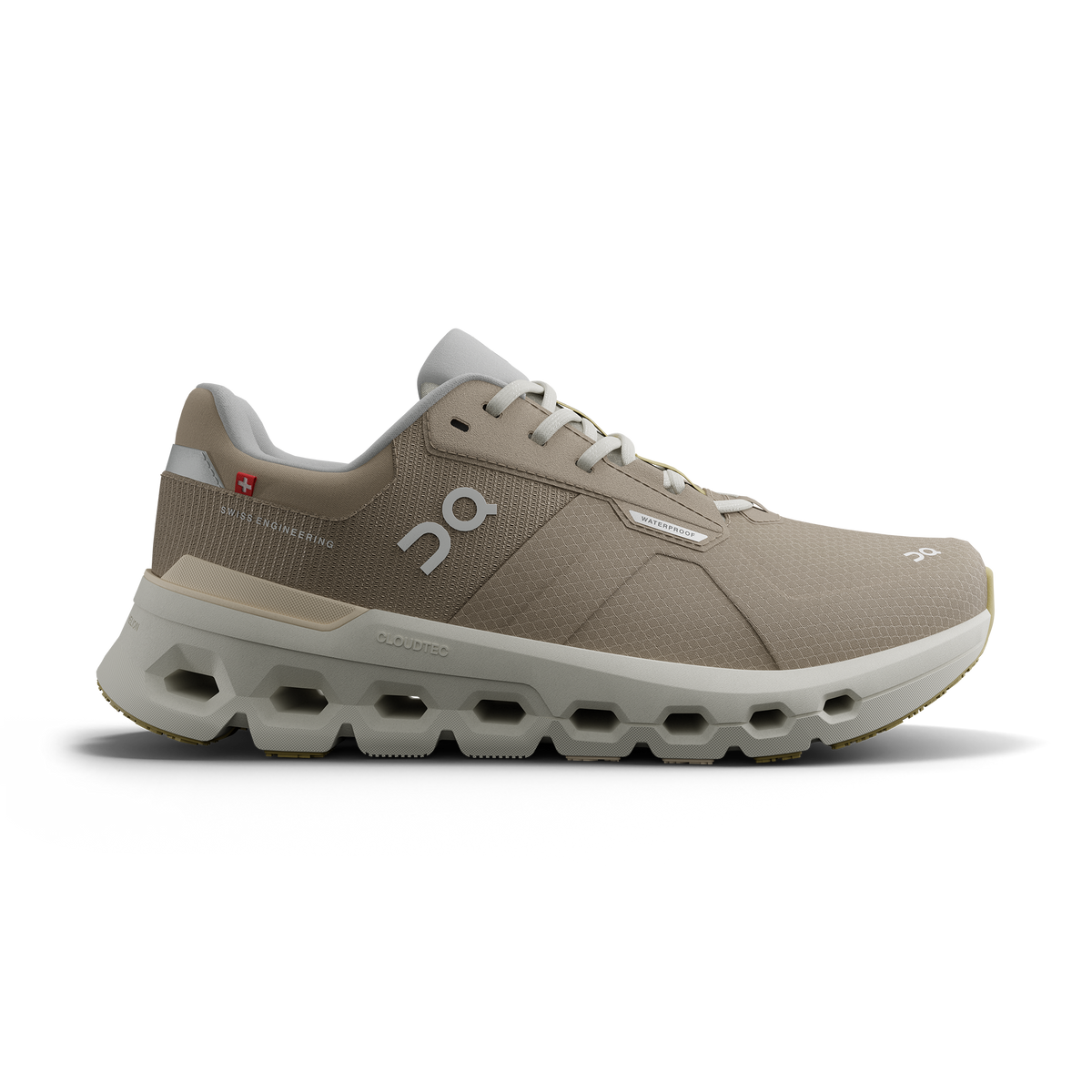 Women's On Cloudrunner 2 WP. Tan upper. Light Grey midsole. Lateral view.