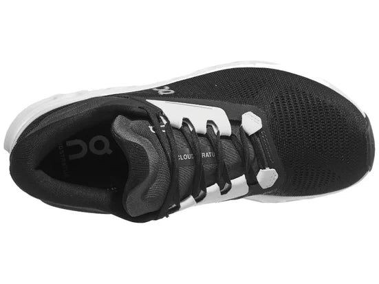 Women's On Cloudstratus 3. Black upper. White midsole. Top view.