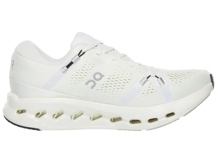 Women's On Cloudsurfer 2. White upper. White midsole. Medial view.