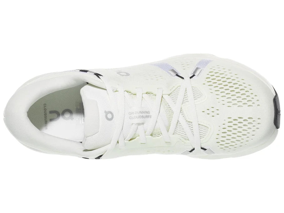 Women's On Cloudsurfer 2. White upper. White midsole. Top view.