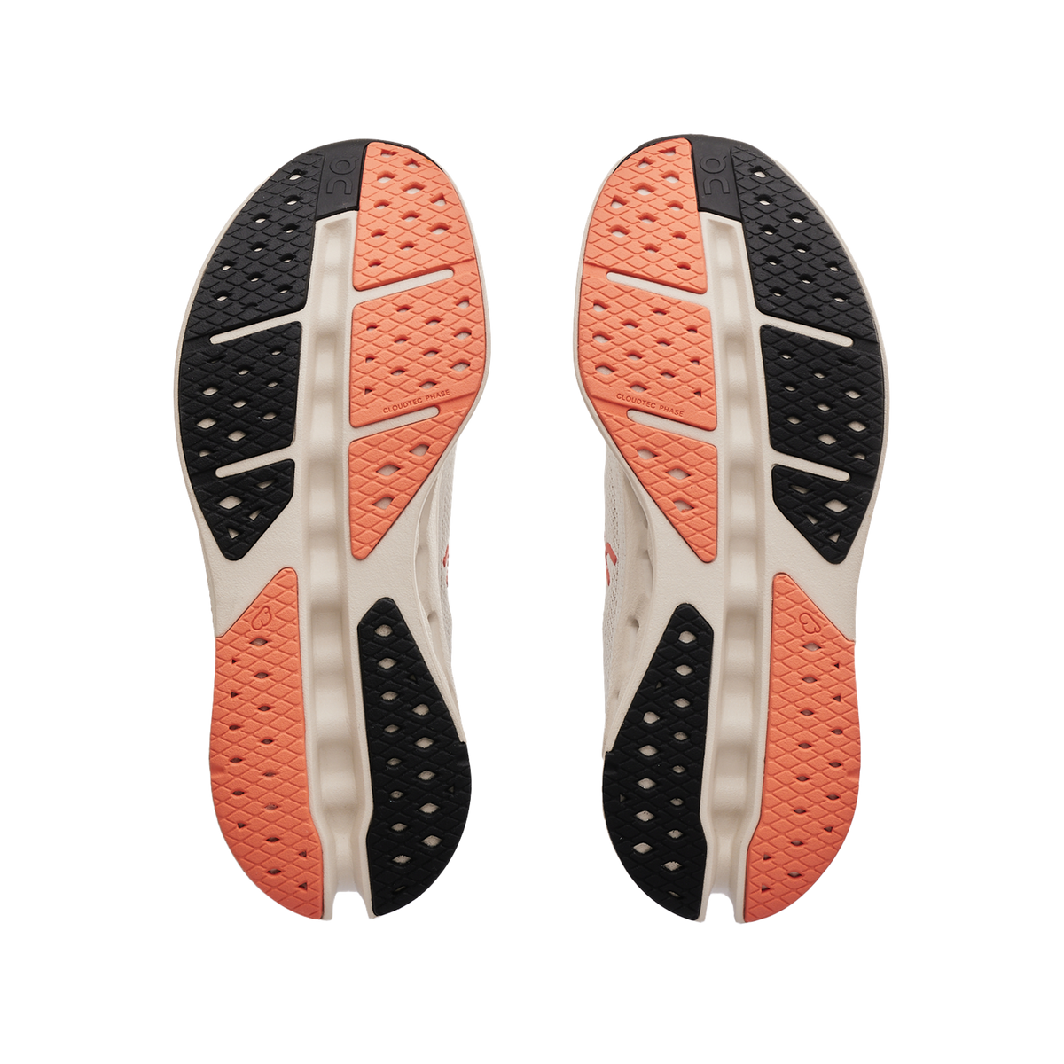 Women's On Cloudsurfer Max. White upper. White midsole. Bottom view.