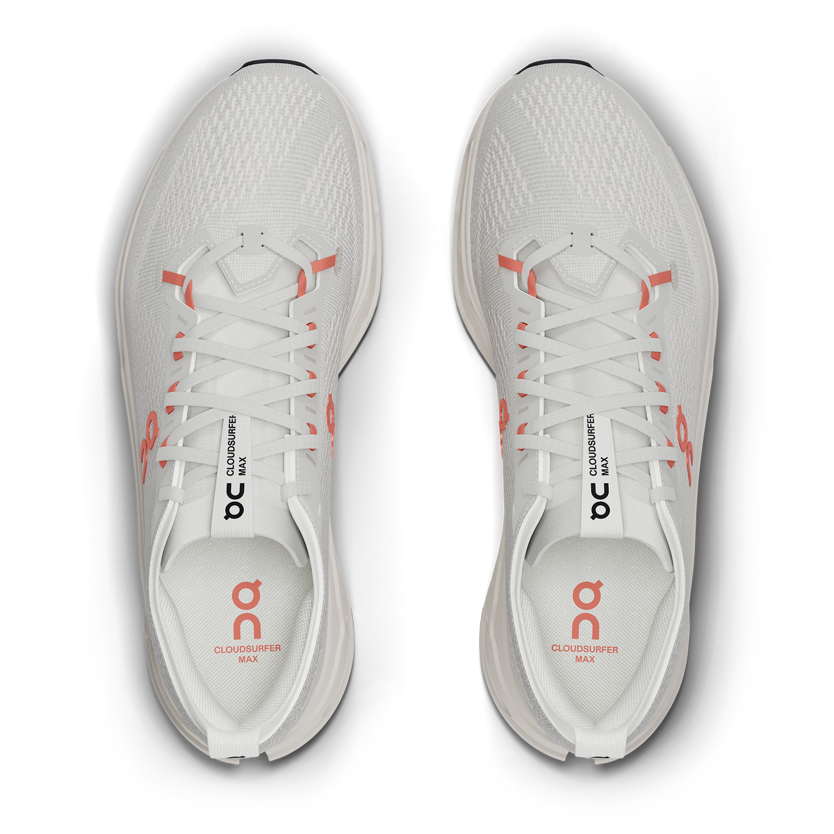 Women's On Cloudsurfer Max. White upper. White midsole. Top view.