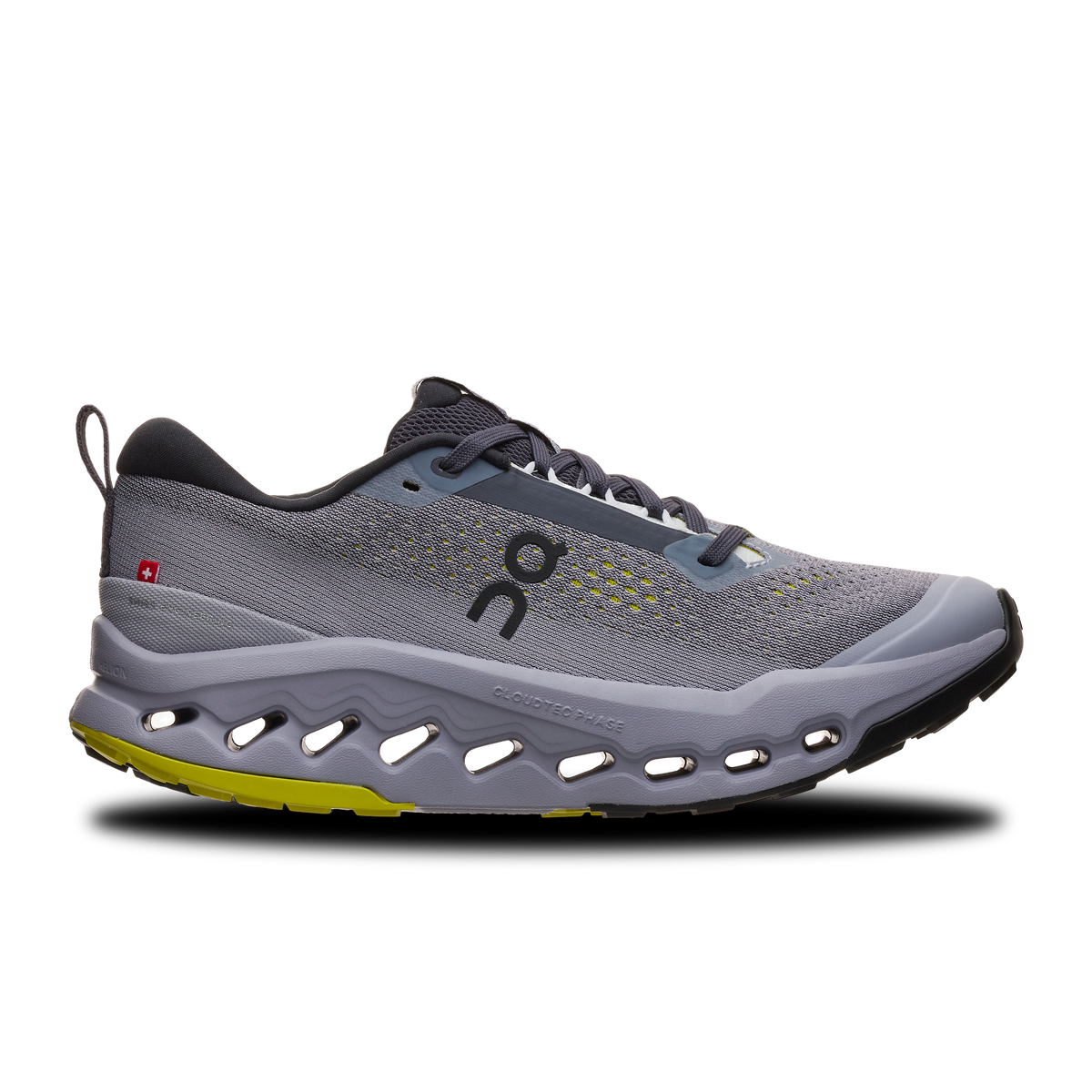 Women's On Cloudsurfer Trail 2. Purple/Grey upper. Purple midsole. Lateral view.