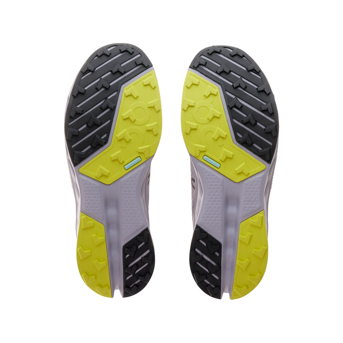 Women's On Cloudsurfer Trail 2. Purple/Grey upper. Purple midsole. Bottom view.