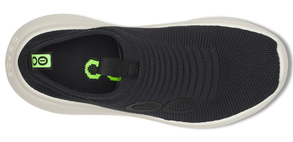 Women's Oofos OOmy Zen. Black upper. White midsole. Top view.
