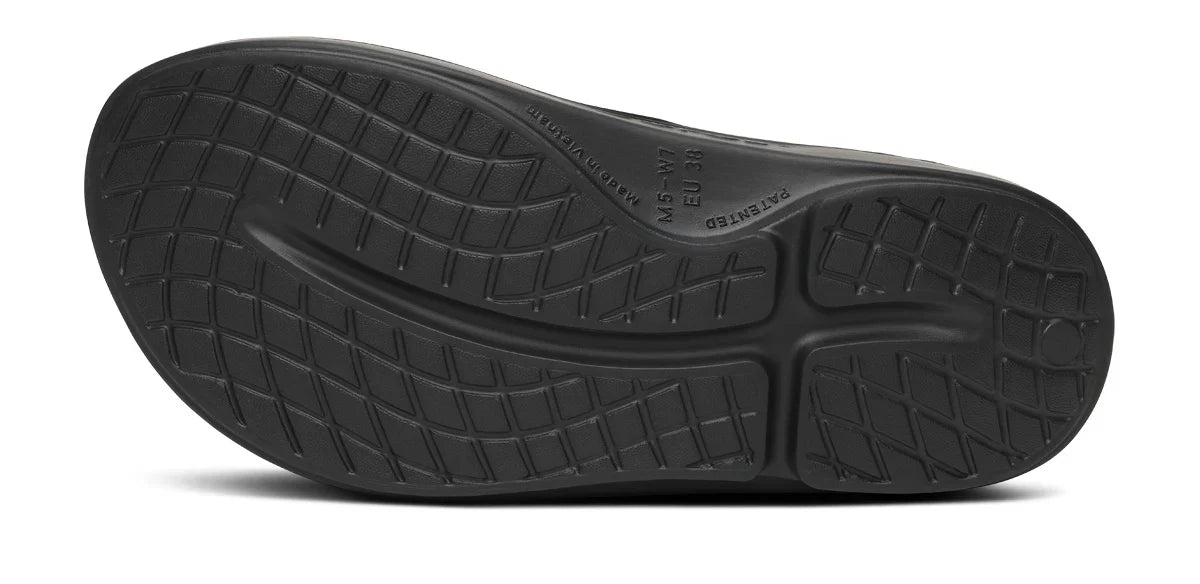 OOFOS OOriginal Sport Sandal in Oasis. Light green upper and black midsole. Bottom view.