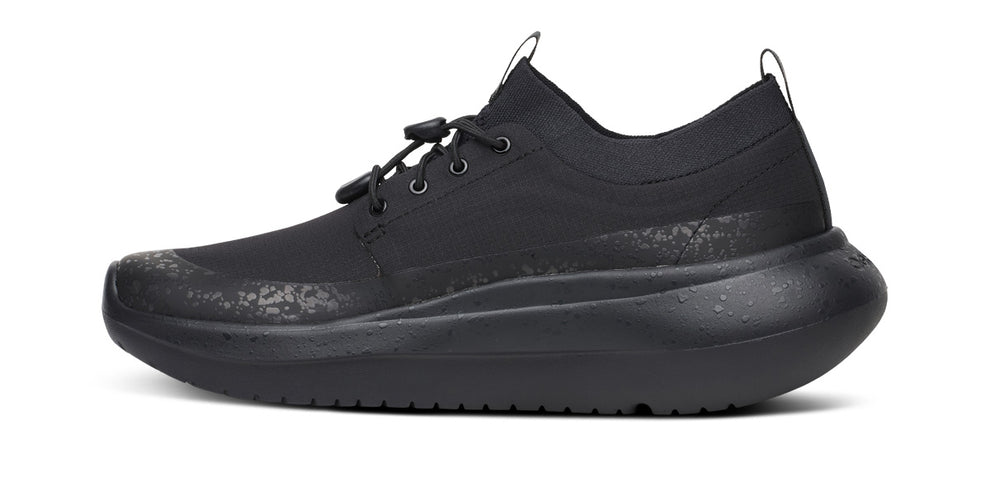 Women's Oofos Roam Ripstop. Black upper. Black midsole. Medial view.