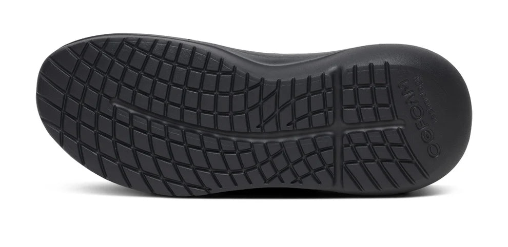 Women's Oofos Roam Ripstop. Black upper. Black midsole. Bottom view.