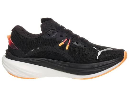 Women's Puma Deviate Nitro 3. Black upper. Black/White midsole. Medial view.
