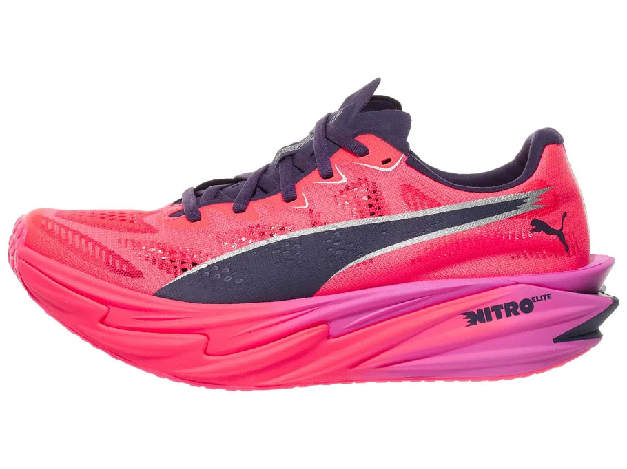 Women's Puma Deviate Nitro Elite 4 Hyrox. Pink upper. Pink midsole. Lateral view.