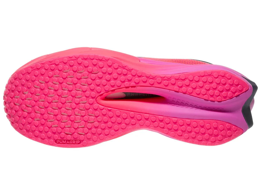 Women's Puma Deviate Nitro Elite 4 Hyrox. Pink upper. Pink midsole. Bottom view.