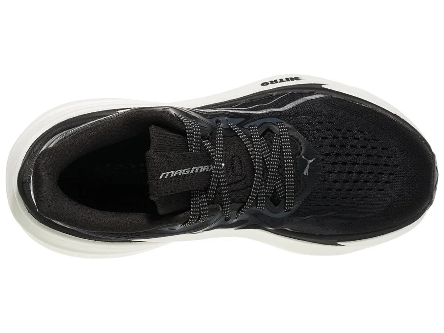 Women's PUMA MagMax Nitro 2. Black upper. White midsole. Top view.