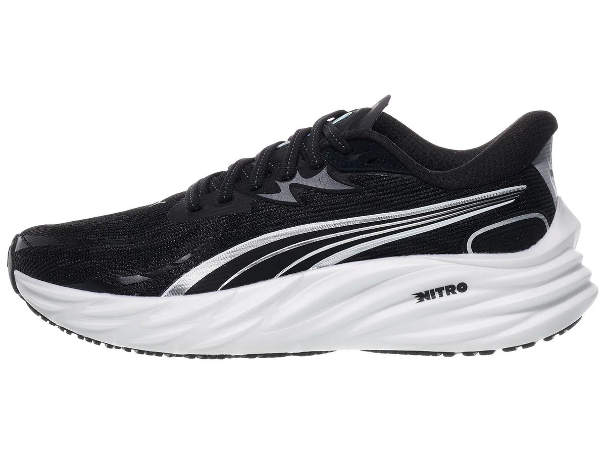 Women's Puma Velocity Nitro 4. Black upper. White midsole. Lateral view.