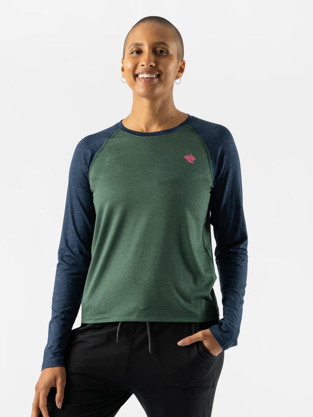 Women's rabbit EZ Long Sleeve Cropped. Green/Blue. Front view.