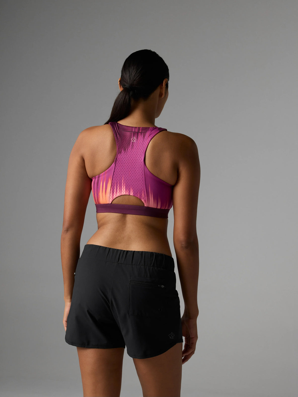 Women's rabbit Pocket Bra in Mauve Ikat Mother Runner, back view
