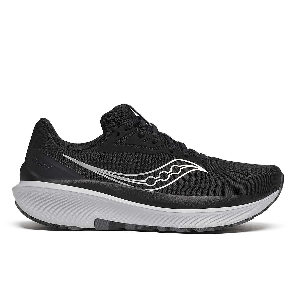 Women's Saucony Echelon 10. Black upper. Grey midsole. Lateral view.