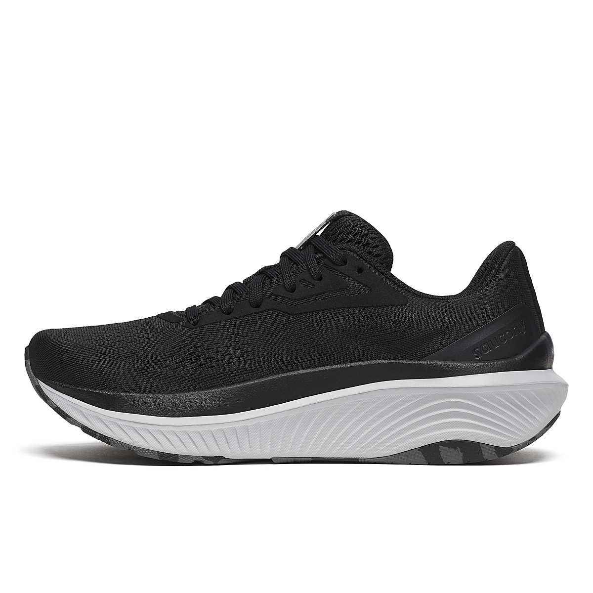 Women's Saucony Echelon 10. Black upper. Grey midsole. Medial view.