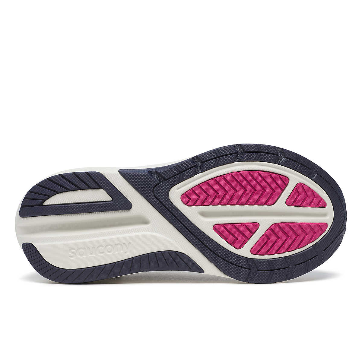 Women's Saucony Echelon 10. Navy blue upper. Navy blue and white midsole. Bottom view.