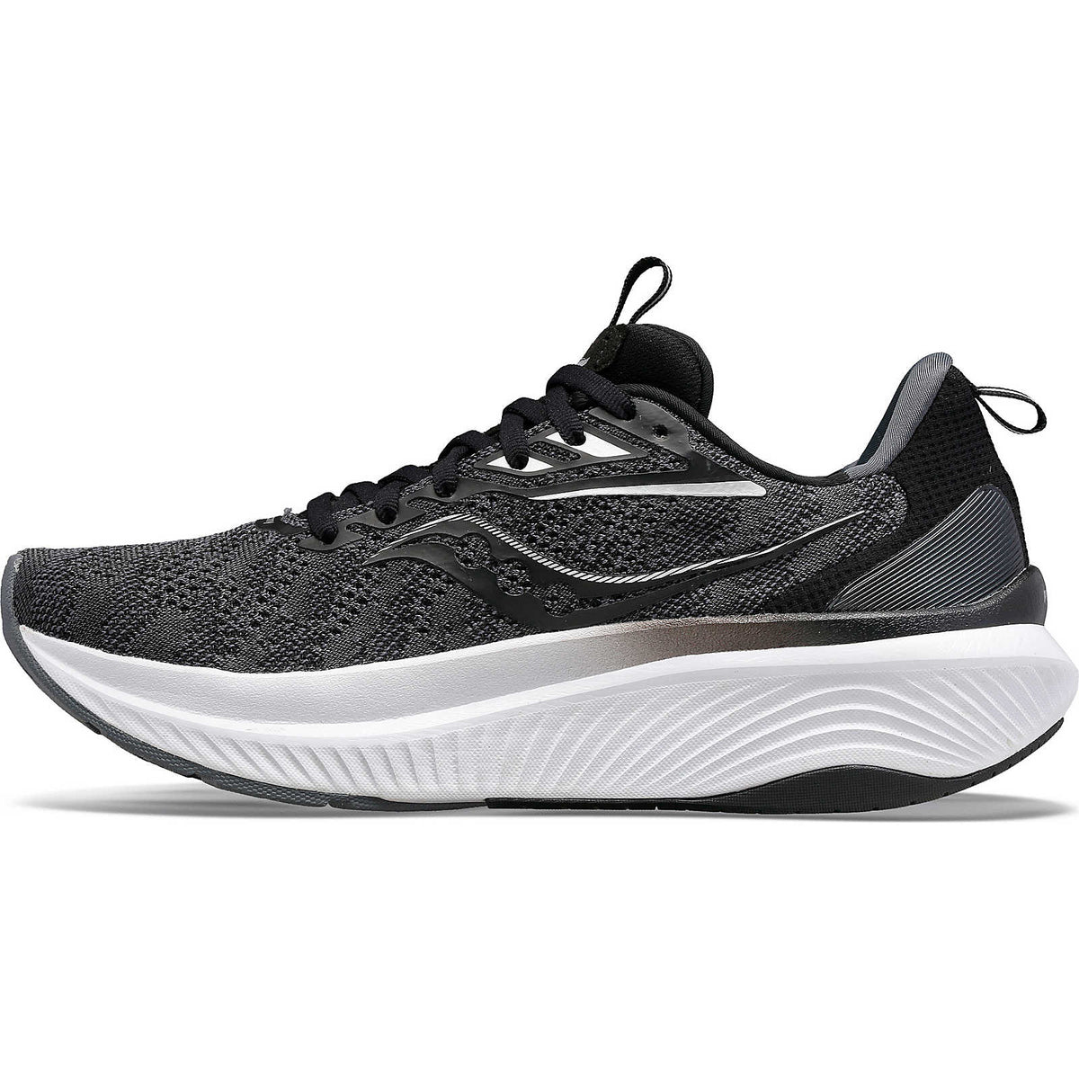 Women's Saucony Echelon 9. Black upper. White midsole. Medial view.