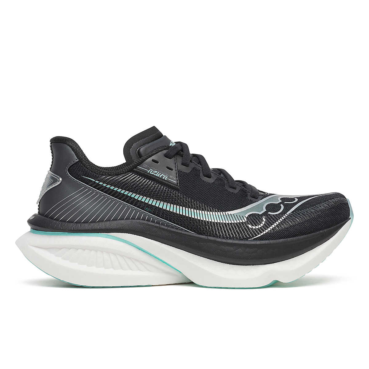 Women's Saucony Endorphin Azura. Black and light blue upper. White midsole. Lateral view.