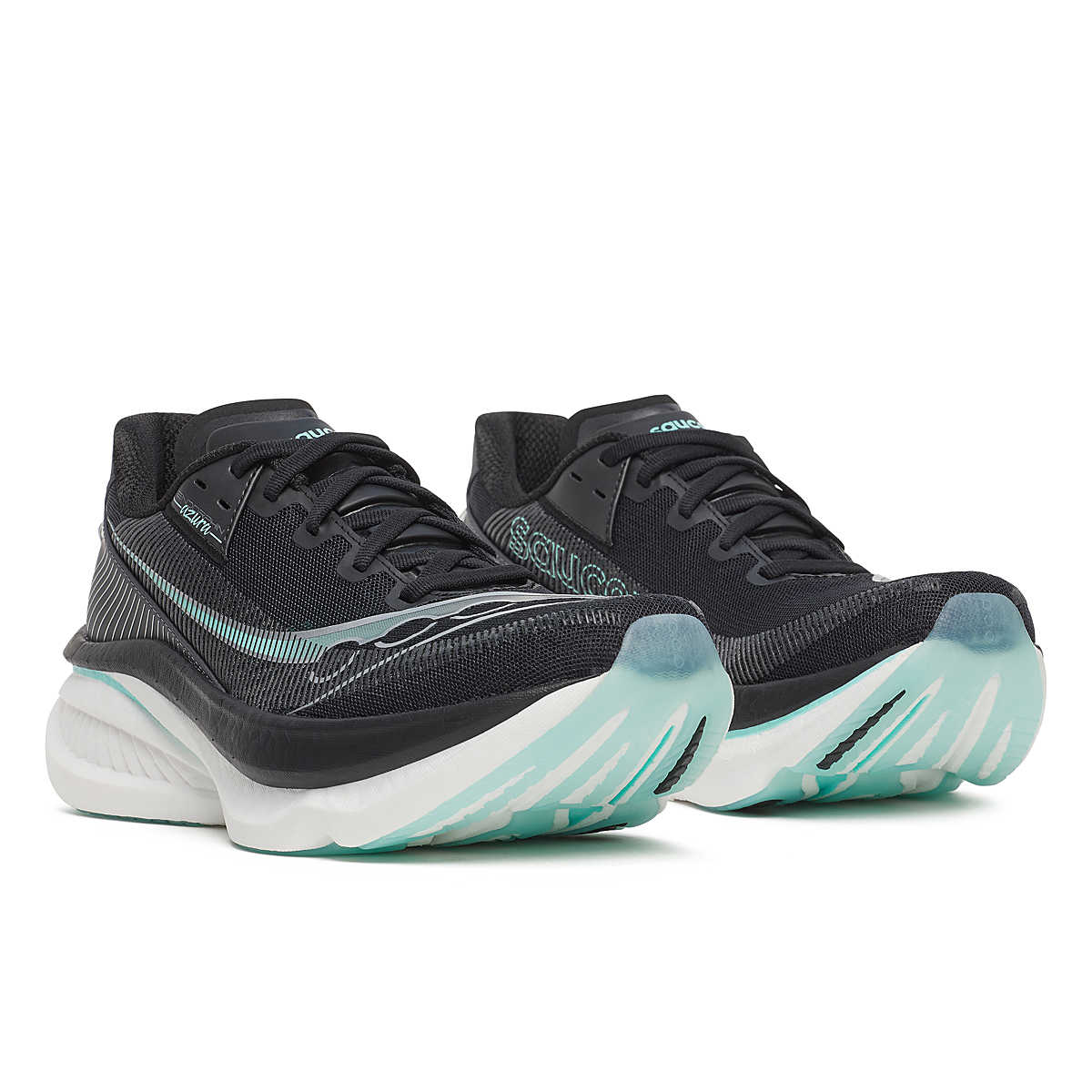 Women's Saucony Endorphin Azura. Black and light blue upper. White midsole. Lateral view.