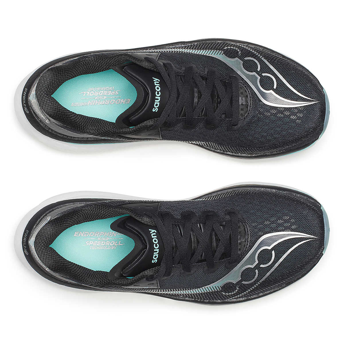 Women's Saucony Endorphin Azura. Black and light blue upper. White midsole. Top view.