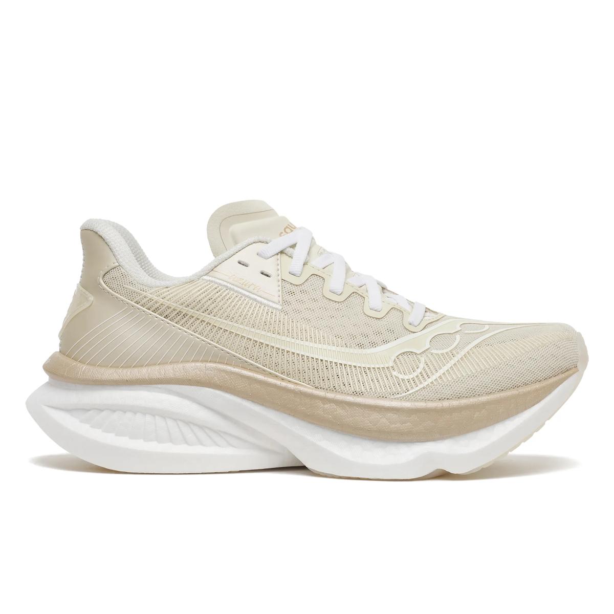 Women's Saucony Endorphin Azura. Beige upper. White midsole. Lateral view.