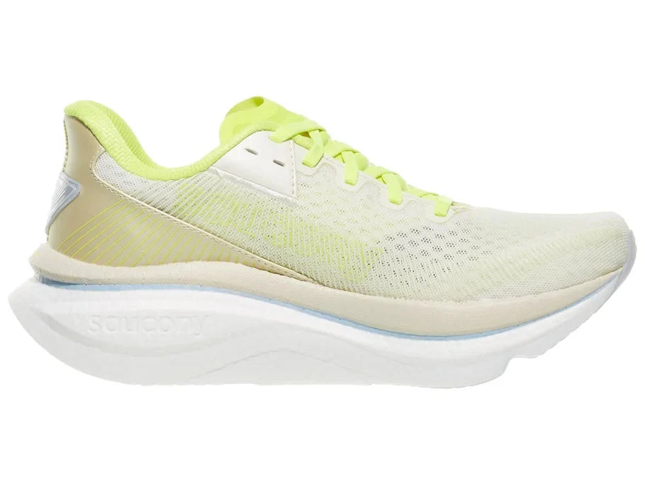 Women's Saucony Endorphin Azura. Light yellow upper. White midsole. Medial view.