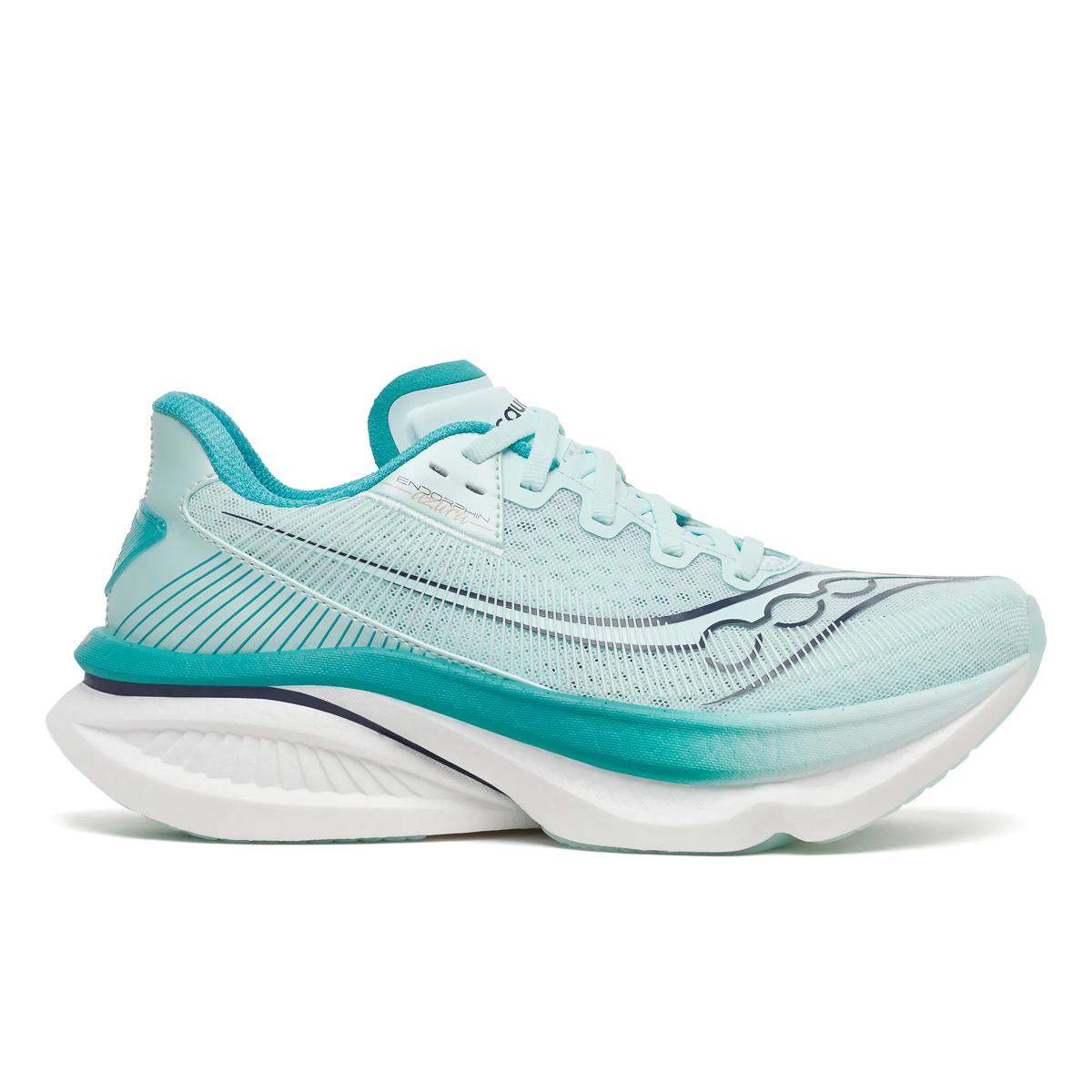 Women's Saucony Endorphin Azura. Light green upper. White midsole. Lateral view.
