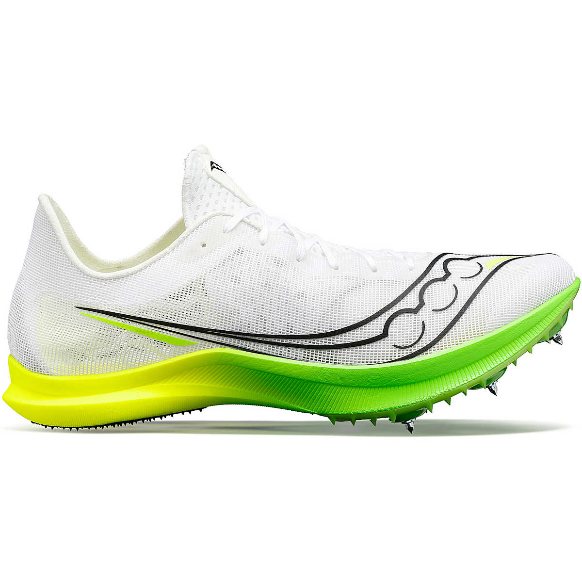 Women's Saucony Endorphin Cheetah. White upper. Green midsole. Lateral view.