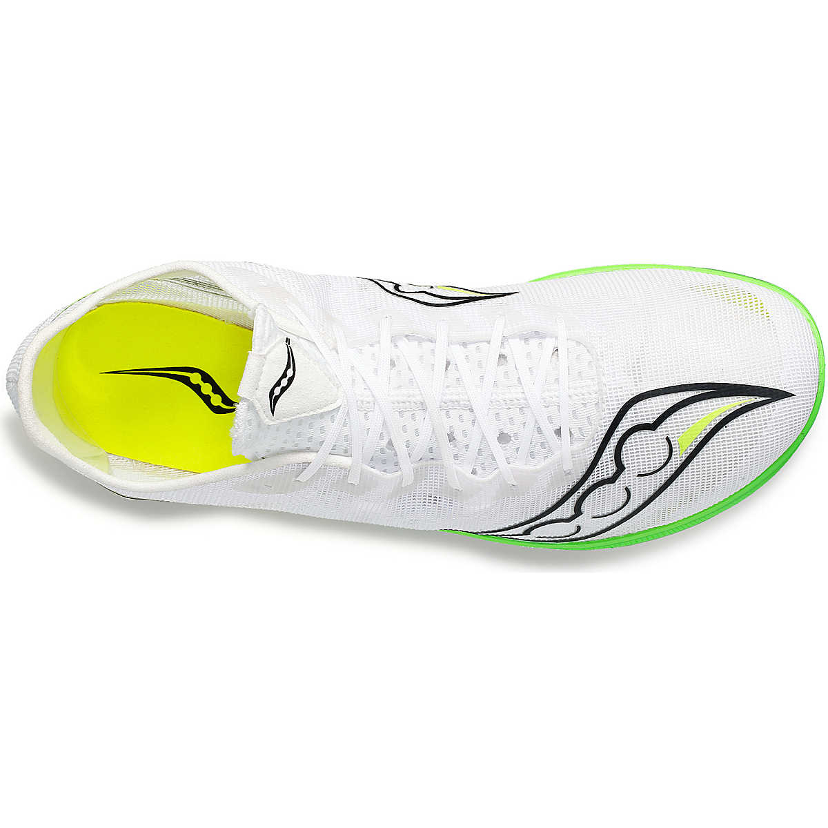 Women's Saucony Endorphin Cheetah. White upper. Green midsole. Top view.