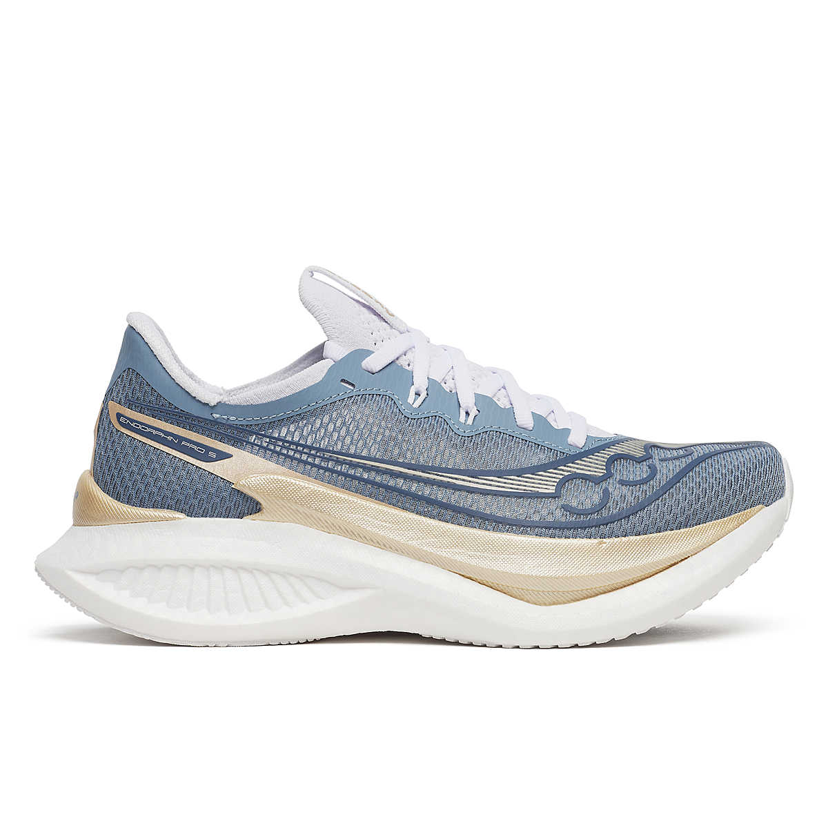 Women's Saucony Endorphin Pro 5. Blue and gold upper. White midsole. Lateral view.